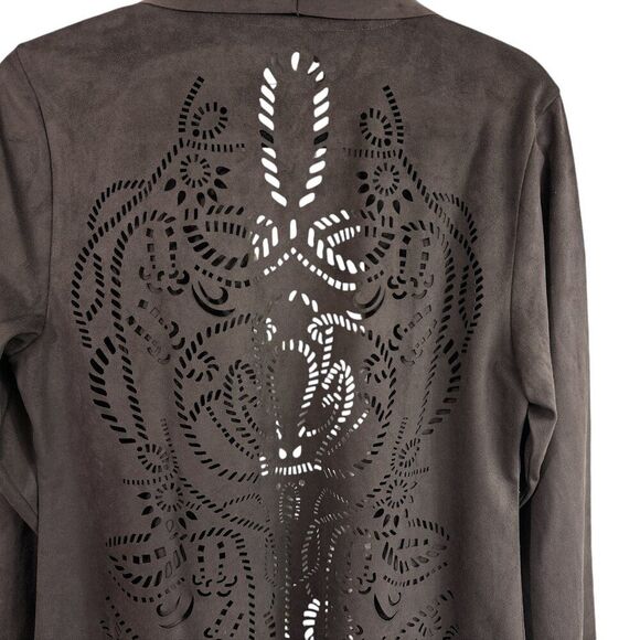 Soft Surroundings Faux Suede Jacket Open Front Brown Laser Cut Sz M Boho Western - Picture 6 of 10